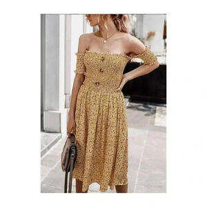 🆕Boho Trendy Floral Smocked Botton Front Off-Shoulder Dress S🆕